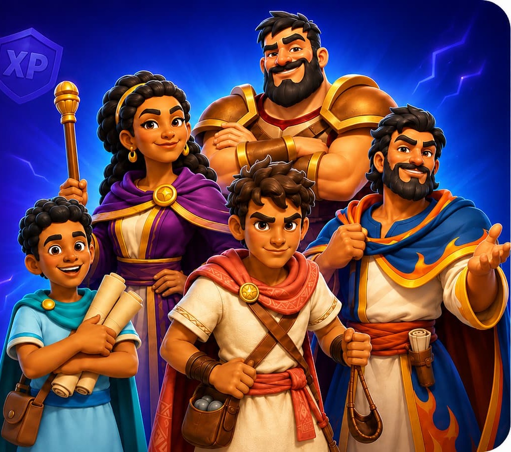 Illustrated characters from the Bible Blitz quiz game